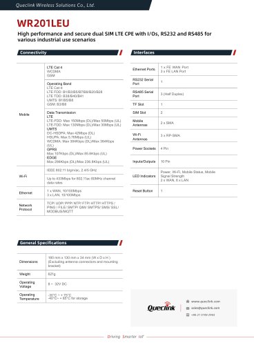 WR201LEU-Hiah performance and secure dual SIM LTE CPE with l/Os, RS232 and Rs485 forvarious industrial use scenarios