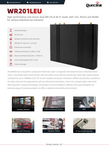 WR201LEU-High performance and secure dual SlM LTE & Wi-Fi router with l/Os, Rs232 and Rs485for various industrial use scenarios.