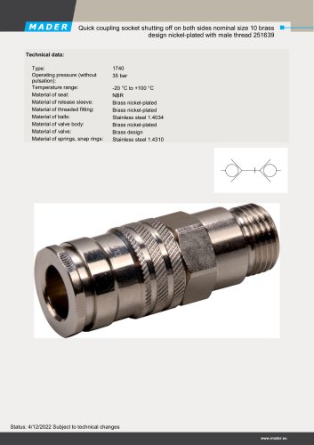 Quick coupling socket shutting off on both sides nominal size 10 brass design nickel-plated with male thread 251639