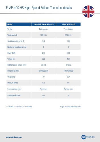 ELAP 400 HS High-Speed Edition Technical details