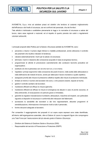 POLITICA PER LA SALUTE E LA SICUREZZA SUL LAVORO