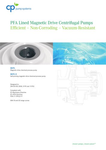 PFA Lined Magnetic Drive Centrifugal Pumps