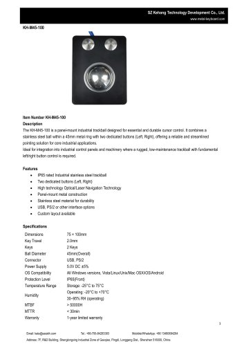SZ KEHANG Panel Mount Stainless Steel Trackball Mouse KH-M45-100