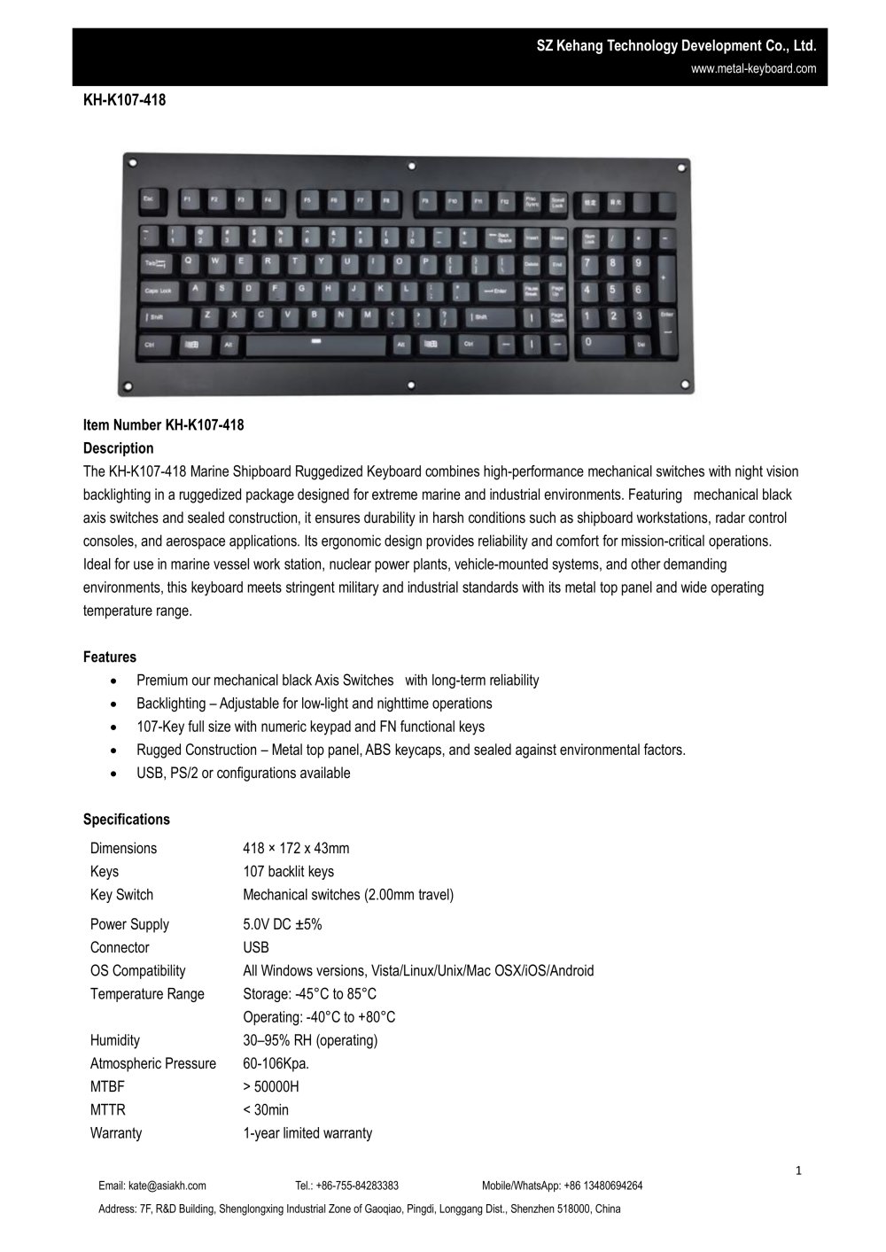 SZ KEHANG Rugged Mechanical Switch Keyboard KH-K107-418  - Kehang Technology