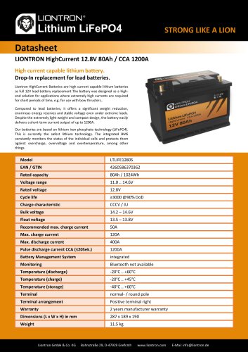 LIONTRON HighCurrent 12.8V 80Ah / CCA 1200A