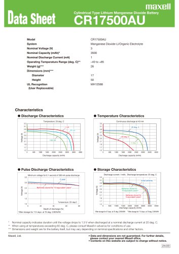 Cylindrical type lithium manganese dioxide battery_CR17500AU_data_sheet
