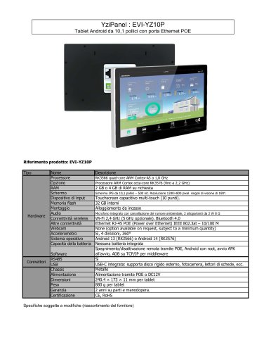 EVI-YZ10P : Tablet Android da 10,1 pollici con porta Ethernet POE