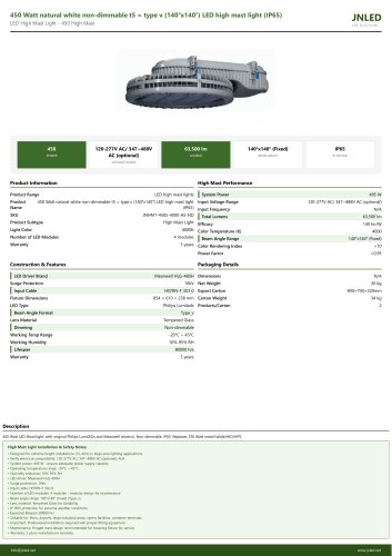 450 Watt natural white non-dimmable t5 = type v (140&deg;x140&deg;) LED high mast light (IP65)