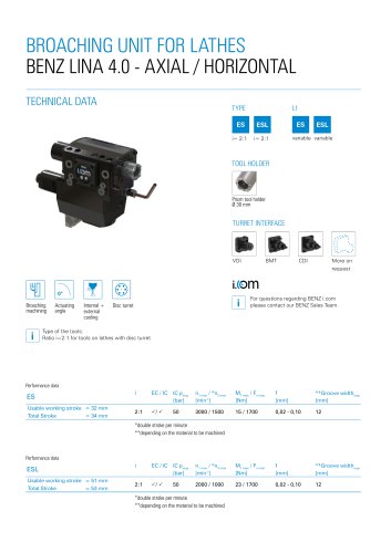 Product sheet: Broaching unit BENZ LINA 4.0 AXIAL HORIZONTAL for machining centers