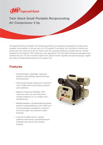 Twin Stack Small Portable Reciprocating Air Compressor 2 hp