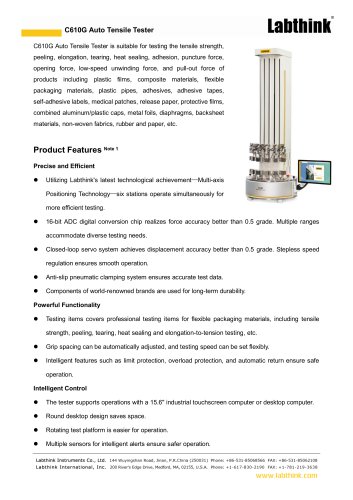 C610G Auto Tensile Tester - 6 stations for tensile strength,  peeling, elongation, tearing, heat sealing, adhesion, puncture force,  opening force, low-speed unwinding force, and pull-out force