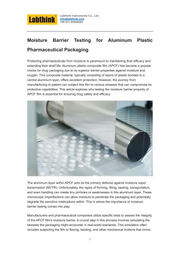 Moisture Barrier Testing for Aluminum Plastic Pharmaceutical Packaging