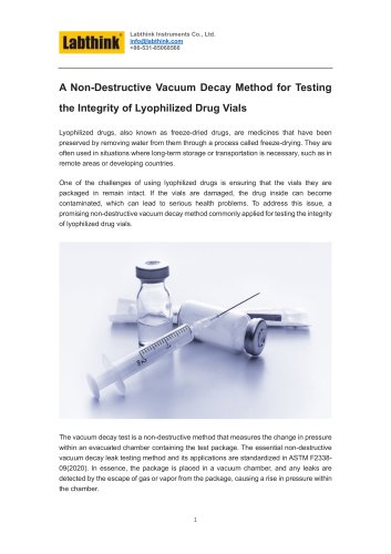 A Non-Destructive Vacuum Decay Method for Testing the Integrity of Lyophilized Drug Vials