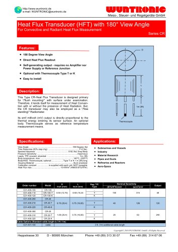 Heat Flux Transducer w.180° View Angle, Series CR