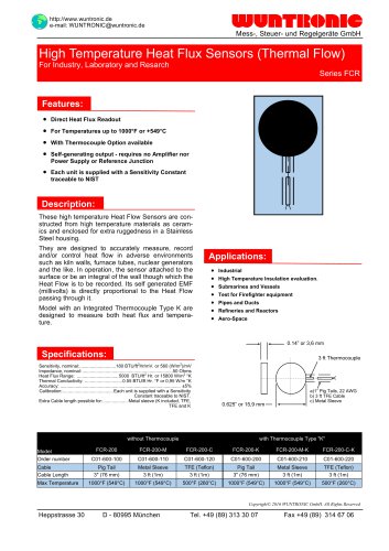 High Temperature Heat Flow Sensor, Series FCR