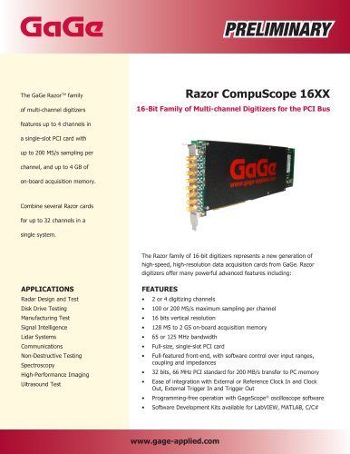 Razor CompuScope 16XX 16-Bit Family of Multi-channel Digitizers for the PCI Bus