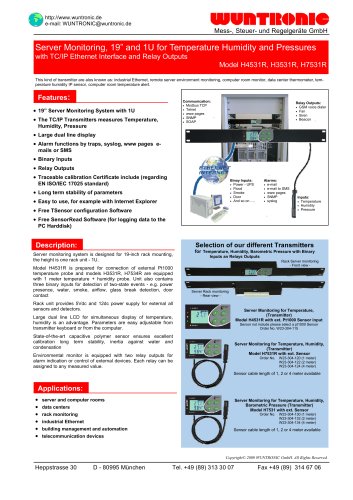 Server Monitoring, 19” and 1U for Temperature Humidity and Pressures with TC/IP Ethernet Interface and Relay Outputs