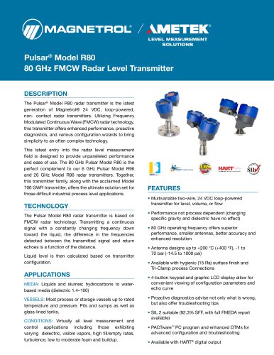 Pulsar Model R80 - 80 GHz FMCW non contact radar