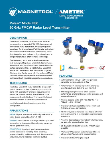 Pulsar Model R80 - 80 GHz FMCW non contact radar