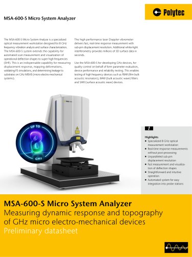 Brochure MSA-600 Micro System Analyzer | Measuring dynamic response and topography of MEMS and microstructures