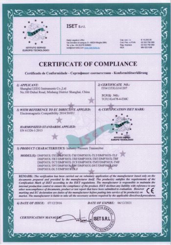 CE certificate -LEEG DMP305X Monosilicon pressure transmitter