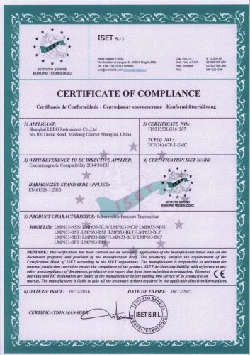 CE certificate -LEEG LMP633 level transmitter