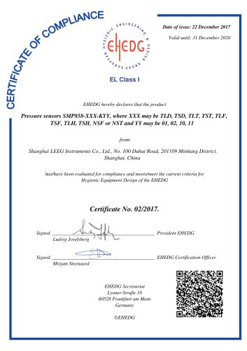 EHEDG certificates for sanitary pressure transmitter - LEEG Instruments