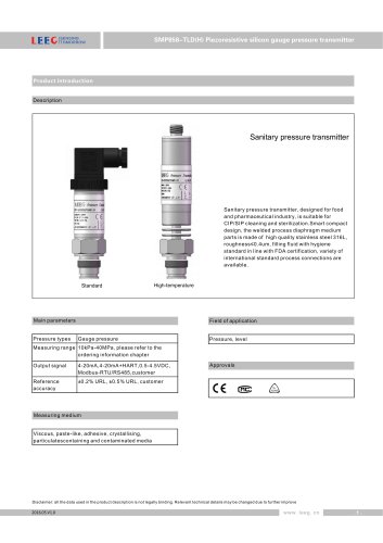 LEEG SMP858-TLD(H) Piezoresisitive silicon flush diaphragm gauge pressure transmitter datasheet