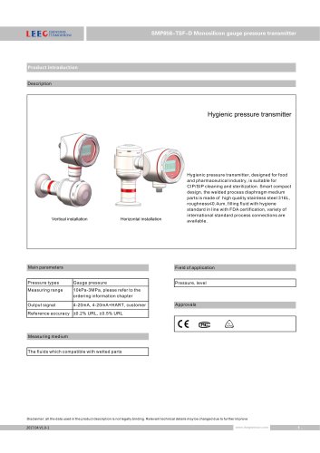 SMP858-TSF-D anti-condensation sanitary pressure transmitter