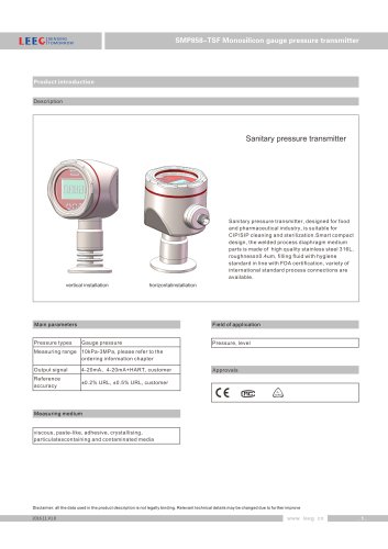 SMP858-TSF-S Pressure transmitter for hygienic area