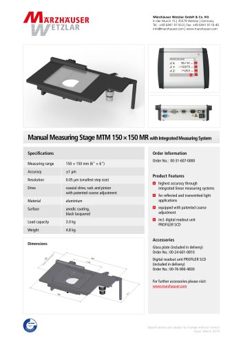 Manual Measuring Stage MTM 150 × 150 MR with Integrated Measuring System