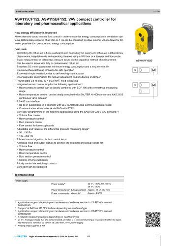 ASV115CF152, ASV115BF152: VAV compact controller for laboratory and pharmaceutical applications