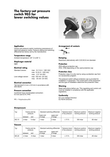 The factory-set pressure switch 903 for lower switching values