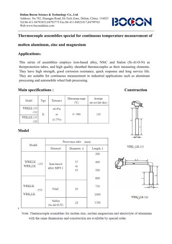 4 Thermocouple assemblies special for continuous temperature measurement of molten aluminum, zinc and magnesium