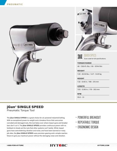 jGun SINGLE SPEED Pneumatic Torque Tool Cut Sheet