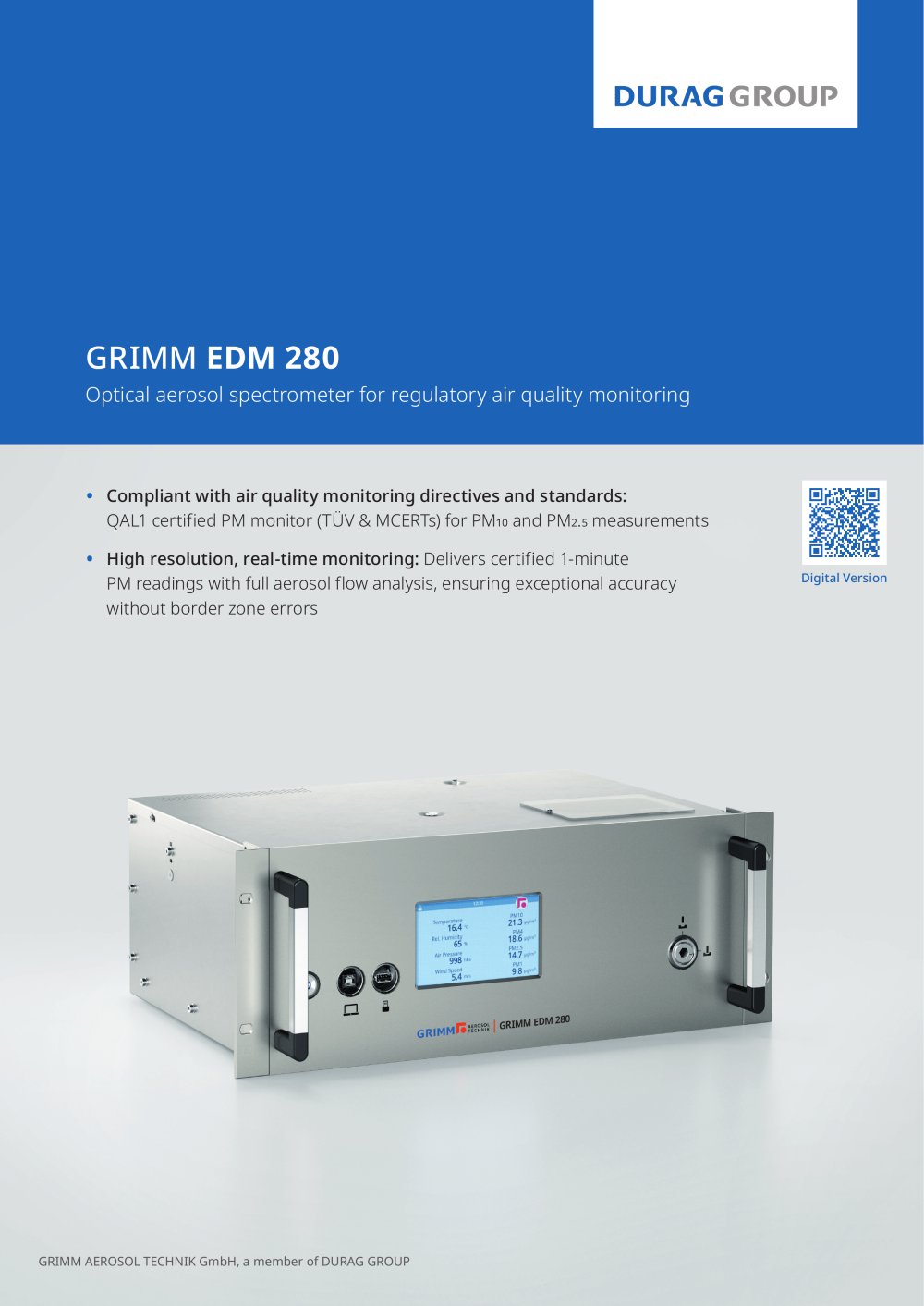 GRIMM EDM 280 - QAL1 certified PM10 & PM 2.5 optical monitor for air quality monitoring - DURAG GROUP